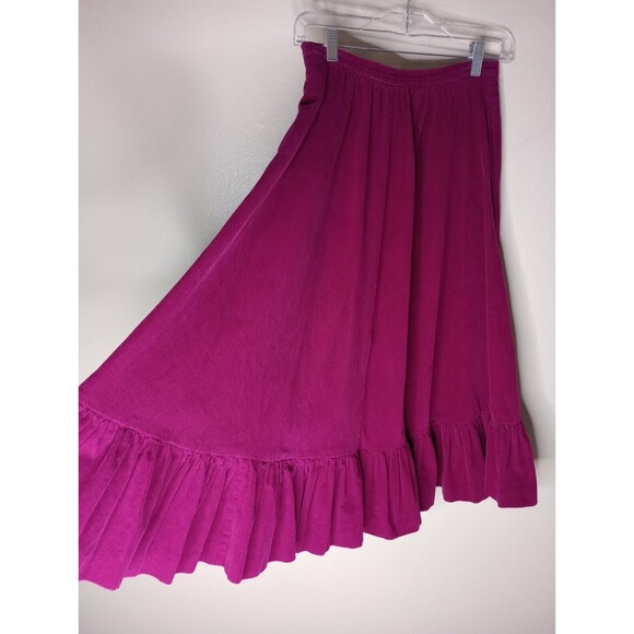 Vintage 80s Corduroy Midi Skirt Prairie Cottage Frontier Sz XS Pockets Fuschia - Picture 2 of 14